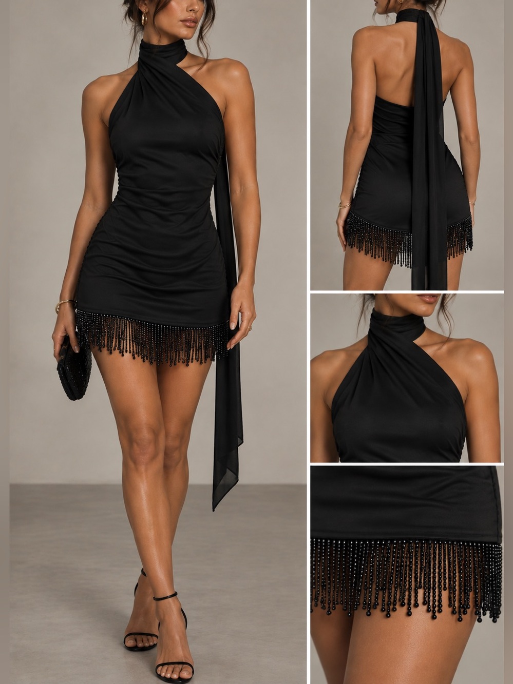 Black Halter Neck Fringe Mini Dress